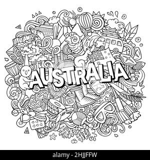 Australien handgezeichnete Cartoon Doodle Illustration. Lustiges australisches Design. Kreativer Vektorhintergrund. Handgeschriebener Text mit Länderelementen von Ozeanien Stock Vektor