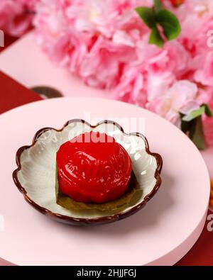 Red Tortoise Cake (Ang Ku Kueh oder Kue Ku) die berühmte chinesische Verheißungsgebäck für Langlebigkeit, Glück und Wohlstand in allen chinesischen Festivals und Stockfoto