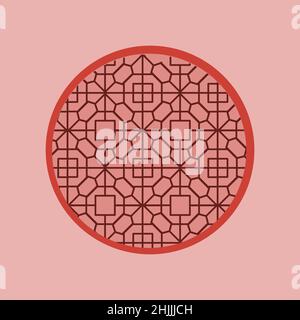 Handzeichnung eines chinesischen Fensters mit traditionellen Elementen. Vektor. Illustration für eine Karte, ein Poster, ein Banner, ein Etikett, einen Druck. Stock Vektor