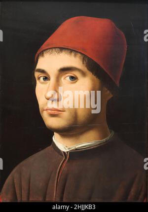 Porträt eines jungen Mannes des italienischen Renaissance-Malers Antonello da Messina in der National Gallery, London, Großbritannien Stockfoto