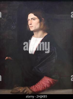 Porträt eines jungen Mannes des italienischen Renaissance-Malers Tizian in der National Gallery, London, Großbritannien Stockfoto