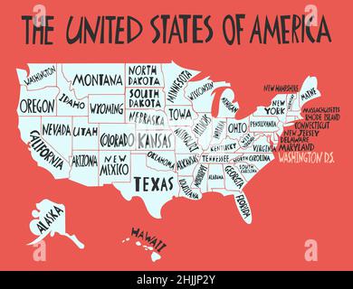 Vektor Hand gezeichnete stilisierte Karte der Vereinigten Staaten von Amerika mit Namen der Staaten. Reisedarstellung der USA-Form. Nordamerika-Kartenelement Stock Vektor