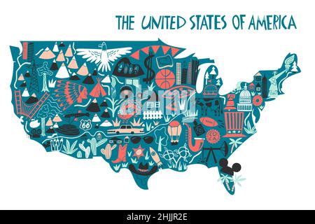 Vektor handgezeichnete stilisierte Karte der Vereinigten Staaten von Amerika mit Wahrzeichen. Reisedarstellung der USA-Form. Nordamerika-Kartenelement Stock Vektor