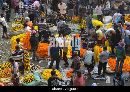 Kalkutta, Westbengalen, Indien. 30th Januar 2022. Händler verkaufen Girlanden von Ringelblumen auf einem Großmarkt in Kalkutta. (Bild: © Sudipta das/Pacific Press via ZUMA Press Wire) Stockfoto