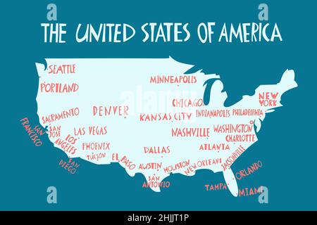 Vektor Hand gezeichnete stilisierte Karte der Vereinigten Staaten von Amerika mit Städten. Reisedarstellung der USA-Form. Nordamerika-Kartenelement Stock Vektor