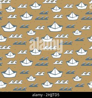 Papier Boot niedlich nahtlose Muster-Design. Kinder Vektor-Druck mit Segelboot Origami. Stock Vektor