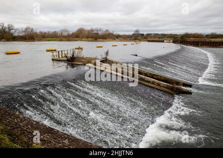 Eton Wick, Großbritannien. 29th. Januar 2022. Der Jubilee River ist auf der Manor Farm Weir abgebildet. Der Jubilee River ist ein hydraulischer Kanal aus dem Jahr 11,6km, der zwischen 1995-2006 gebaut wurde, um Überschwemmungen in und um Maidenhead, Windsor und Eton zu lindern. Kredit: Mark Kerrison/Alamy Live Nachrichten Stockfoto