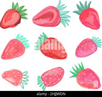 Handgezeichnetes Aquarell-Set aus Erdbeere auf weißem Hintergrund. Vektor-Illustration von Beeren. Stock Vektor