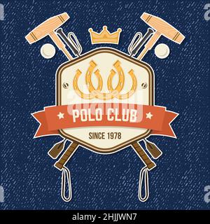 Polo Club Sportabzeichen, Aufnäher, Emblem, Logo. Vektorgrafik. Farbiger Aufkleber mit Hufeisen- und Polo-Mallet-Silhouetten. Poloclub Stock Vektor