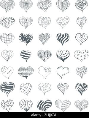 Set von Ikonen der Herzen für den Valentinstag. Doodle-Elemente. Stockfoto
