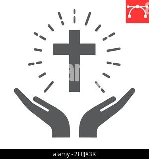 Betende Hände halten Kreuz Glyphe Symbol, christian und Gebet, Hände halten Kreuz Vektor-Symbol, Vektorgrafiken, editierbare Strich solid Zeichen, eps 10. Stock Vektor