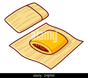 Tamale, traditionelle mexikanische Küche, gefüllt mit Fleisch und in Maisblatt eingewickelt. Cartoon-Zeichnung, isolierte Vektor Clip Art Illustration. Stock Vektor