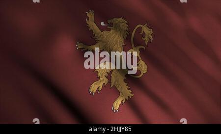 Silhouette eines goldenen Löwen, der tapfer auf zwei Beinen auf dem Hintergrund einer sich entwickelnden roten Flagge steht. Animation. Emblem des Hauses Lannister. Konzept der Serie G Stockfoto