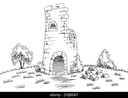 Ruined Tower mittelalterliche Grafik schwarz weiß Skizze Illustration Vektor Stock Vektor