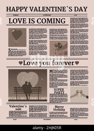 Valentinstagszeitung, Titelzeile, unlesbarer Text, Retro. Vektorgrafik Vintage Stock Vektor
