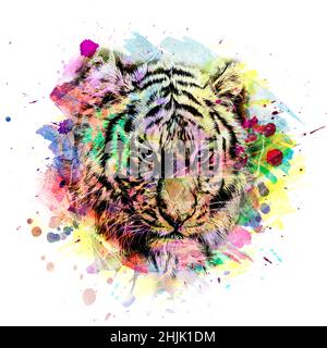 Helle abstrakte bunte Hintergrund mit Tiger, Farbspritzer Stockfoto