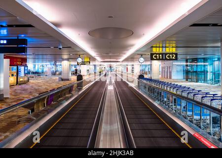 Singapur - Januar 2022: Architektur des Abflugterminals des Flughafens Singapur Changi. Der Flughafen Singapur Changi ist einer der größten Flughäfen in Asien. Stockfoto