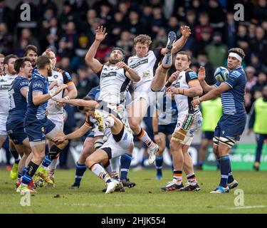 Sale, Großbritannien. 30th. Januar 2022; AJ Bell Stadium, Eccles, Greater Manchester, England: Gallagher Premiership Rugby, Sale V Leicester; Harry Potter von Leicester Tigers lässt den Ball fallen Credit: Action Plus Sports Images/Alamy Live News Stockfoto