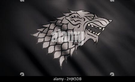 Abstraktes Entwicklungsgewebe der Flagge. Animation. Bild von grauem Wolf mit offenem Mund in Wut gegen sich entwickelnde schwarze Flagge. Emblem des Hauses stark. Concep Stockfoto