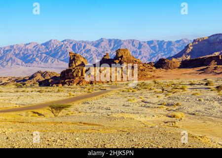 Blick auf den sphinxförmigen Felsen und die Landschaft im Timna-Wüstenpark im Süden Israels Stockfoto