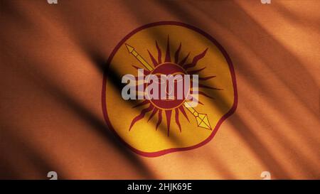 Bild der roten Sonne mit Gesicht durchbohrt von Goldmast auf dem Hintergrund der Entwicklung Bronze Farbe der Flagge. Animation. Emblem des Hauses Martell. Konzept der Serie Stockfoto