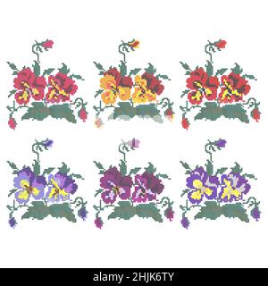 Kreuzstich-Stiefmütterchen, Blumenstickerei, traditionelles ukrainisches Ornament, Vektor Stock Vektor