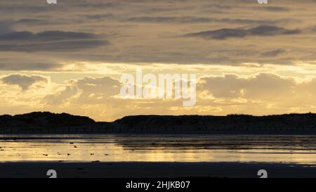 Reise Dänemark: Reflexionen der Wasseroberfläche in überfluteten Gebieten an den riesigen Sandstränden der Insel Rømø an einem späten Winternachmittag Stockfoto