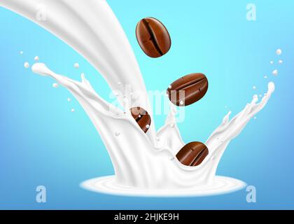 Milchspritzer mit Kaffeebohnen, die auf der Milchzunge liegen. Kaffeebohnen, die in Milchspritzer fallen. Realistische 3D-Vektor-Illustration. Designelement. Verpackung Stock Vektor