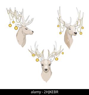 Hirsch mit Weihnachtskugeln auf den Hörnern. Weihnachtskarte mit einem Hirsch und Buchstaben. Niedliches Winterposter, Weihnachtskarte, Banner, Aufkleber, Geschenkanhänger Stock Vektor