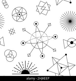 Hintergrund des Himmelsmusters. Nahtlose sakrale Astrologie Textur mit Sonne, Mond und schwarzen kosmischen geometrischen Formen Stock Vektor