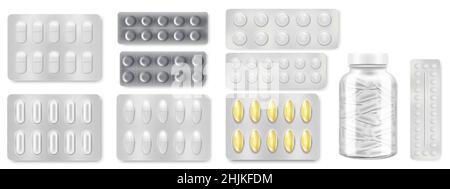 Pillen Blasen mit Tabletten oder Kapseln. Medizinische Behandlungsdrogen oder Medikamente in Plastikverpackung Modelle isoliert auf weißem Hintergrund gesetzt. Vektor 3D r Stock Vektor