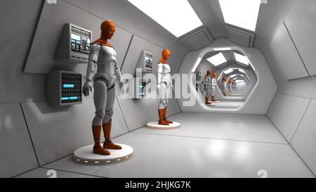 3D-Rendering. Humanoide Figuren und Sicifi-Szene Stockfoto