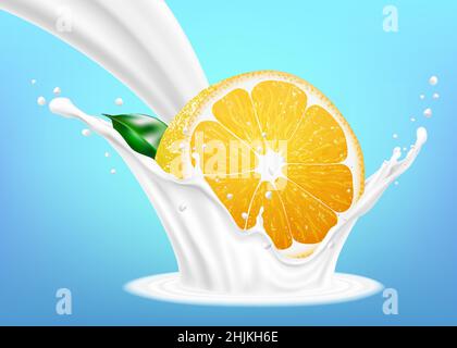 Orange Frucht und Milch Spritzen. Obst und Joghurt. Realistische Darstellung. 3D Vektor icon Stock Vektor
