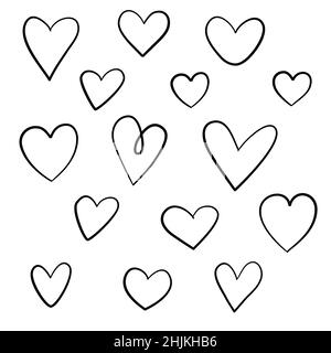 Set von handgezeichneten Herzen auf weißem Hintergrund. Doodle-Stil. Vektorgrafik. Stock Vektor