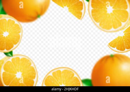Fallende saftige Orangen mit grünen Blättern isoliert auf transparentem Hintergrund. Fliegende Unschärfe-Scheiben von Orangen. Gilt für Fruchtsaftwerbung Stock Vektor
