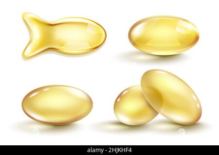 Set mit goldenen Ölkapseln. Realistisch glänzende Arzneitabletten mit goldgelbem Fischöl oder Omega-3-Vitaminzusatz isoliert auf transparentem Hintergrund. 3D Stock Vektor