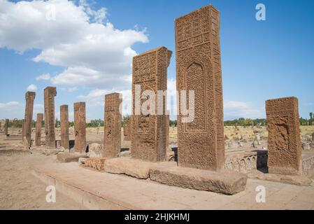 Seldschuken Details vom historischen Friedhof von Selcuk Turks in Ahlat, Bitlis, Türkei. Grabsteindenkmäler für islamische Soldaten Seldschuken, die in Th gestorben Stockfoto