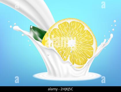 Zitronenfrüchte in Milch oder Joghurt spritzen. Designelement. Verpackung. Realistische 3D-Vektor-Illustration. Stock Vektor