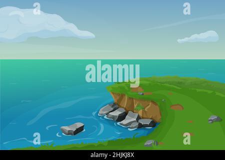 Seascape mit felsigen Küsten, Felsen, Klippen, Steinen, Wellen und blauem Himmel mit Wolken im Cartoon-Stil. Panorama-Ozeanlandschaft. Vektorgrafik Stock Vektor