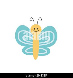 Cartoon-Schmetterling. Niedlicher lächelnder Charakter für kindliches Design. Flache Vektorgrafik isoliert auf weißem Hintergrund. Handgezeichneter Stil Stock Vektor