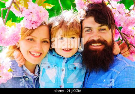 Frühlings-Sakura blüht. Mutter, Vater und Sohn zusammen im blühenden Park. Stockfoto