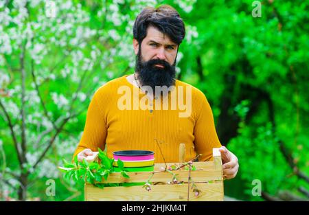 Feder. Bauer arbeitet im Garten. Bärtiger Mann, der sich auf die Pflanzung vorbereitet. Öko-Farm. Gärtner mit Box. Stockfoto