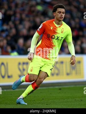 CARDIFF, GROSSBRITANNIEN. JAN 30th Brennan Johnson aus Nottingham Forest, aufgenommen während des Sky Bet Championship-Spiels zwischen Cardiff City und Nottingham Forest im Cardiff City Stadium, Cardiff am Sonntag, 30th. Januar 2022. (Kredit: Kieran Riley | MI Nachrichten) Kredit: MI Nachrichten & Sport /Alamy Live Nachrichten Stockfoto