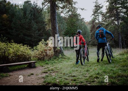 Rückansicht von älteren Bikern, die am Herbsttag im Wald E-Bikes im Freien laufen und schieben. Stockfoto