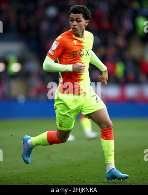 CARDIFF, GROSSBRITANNIEN. JAN 30th Brennan Johnson aus Nottingham Forest, aufgenommen während des Sky Bet Championship-Spiels zwischen Cardiff City und Nottingham Forest im Cardiff City Stadium, Cardiff am Sonntag, 30th. Januar 2022. (Kredit: Kieran Riley | MI Nachrichten) Kredit: MI Nachrichten & Sport /Alamy Live Nachrichten Stockfoto