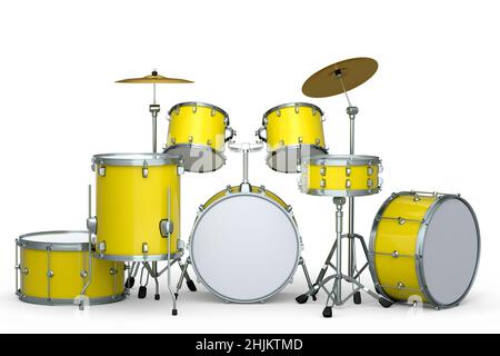 Set aus realistischen Trommeln mit Metallbeckenspielen oder Drumset auf weißem Hintergrund Stockfoto