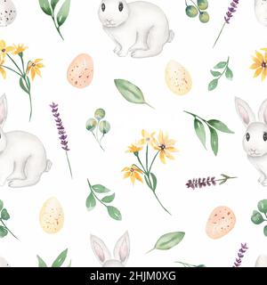 Aquarell Easter Seamless Paper, White Bunny Pattern, Wildflower Seamless Pattern, Chicken easter Eggs, Kaninchen Endless Paper, Niedlicher Druck für die Qualität Stockfoto