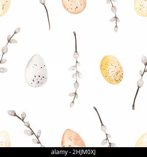 Aquarell Ostereier Nahtloses Papier, Weiß und Gelb Wiederholungsmuster, Weidenblüten Nahtloses Muster, Hühnereier, rspring Feiertage endloses Papier, c Stockfoto