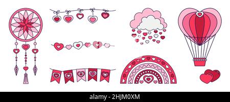 Retro Valentinstag Satz von Symbolen. Love-Symbole im modischen Pop-Line-Art-Stil. Die Figur aus Herz, Regenbogen, Schloss, Ballon in sanftem Rosa, Rot und Stock Vektor