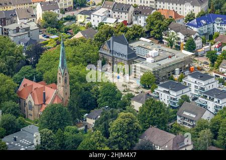 Luftaufnahme, Rathaus Holzwickede, Baustelle und Erweiterung des stadtrates, evangelische Kirche am Markt, Freiberg. Kirche Am Markt, Freiberg, Stockfoto